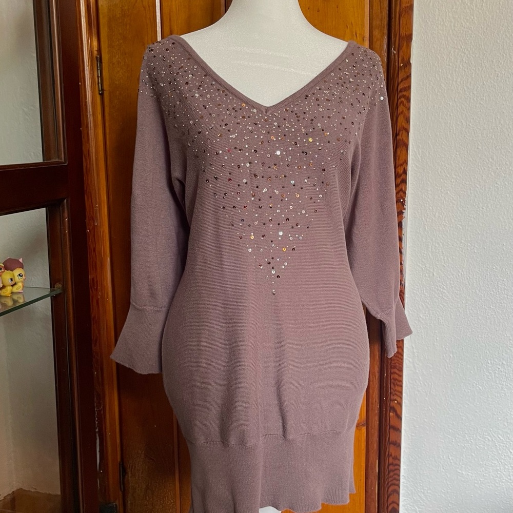 Brown Bedazzled Sequin Sweater Dress Size L